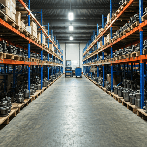 Magazzino ricambi Concritech organizzato con componenti meccanici di precisione